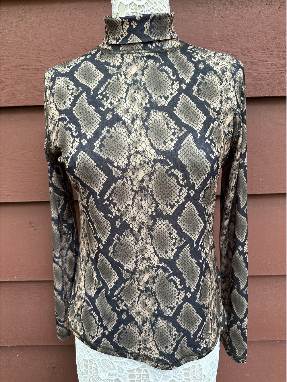 Suncoo Paris Snakeskin Print‎ Turtleneck Top Y2K Mesh Long Sleeve Fitted Stretch